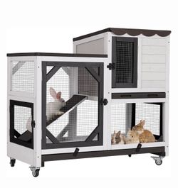 AIR7013-BW Premium 2-Story Wooden Indoor & Outdoor Rabbit Hutch with Casters & Pull-Out Tray, White, 39.3-L