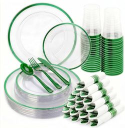 175pcs Disposable Plastic Dinnerware Set, Clear and Green