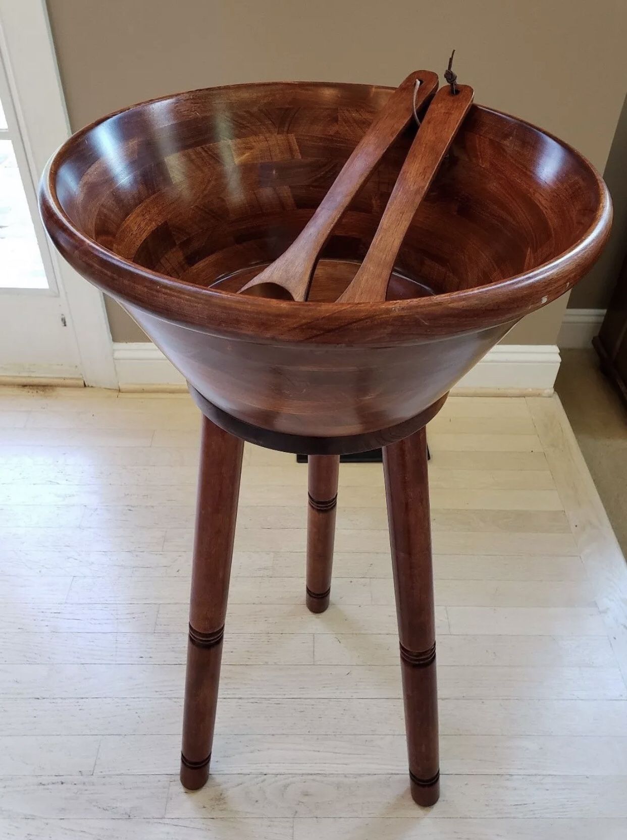 Pomerantz Large Solid Teak Wood Salad Bowl Set w/ Stand & Spoons - OG BOX NIB