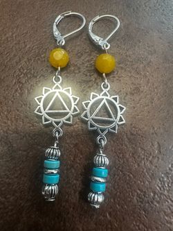 Turquoise and Yellow Citrine Dangle Earrings - Boho Silver Sun Motif