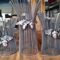 Set Of Three Metal Wire Candle Holders Wheat 