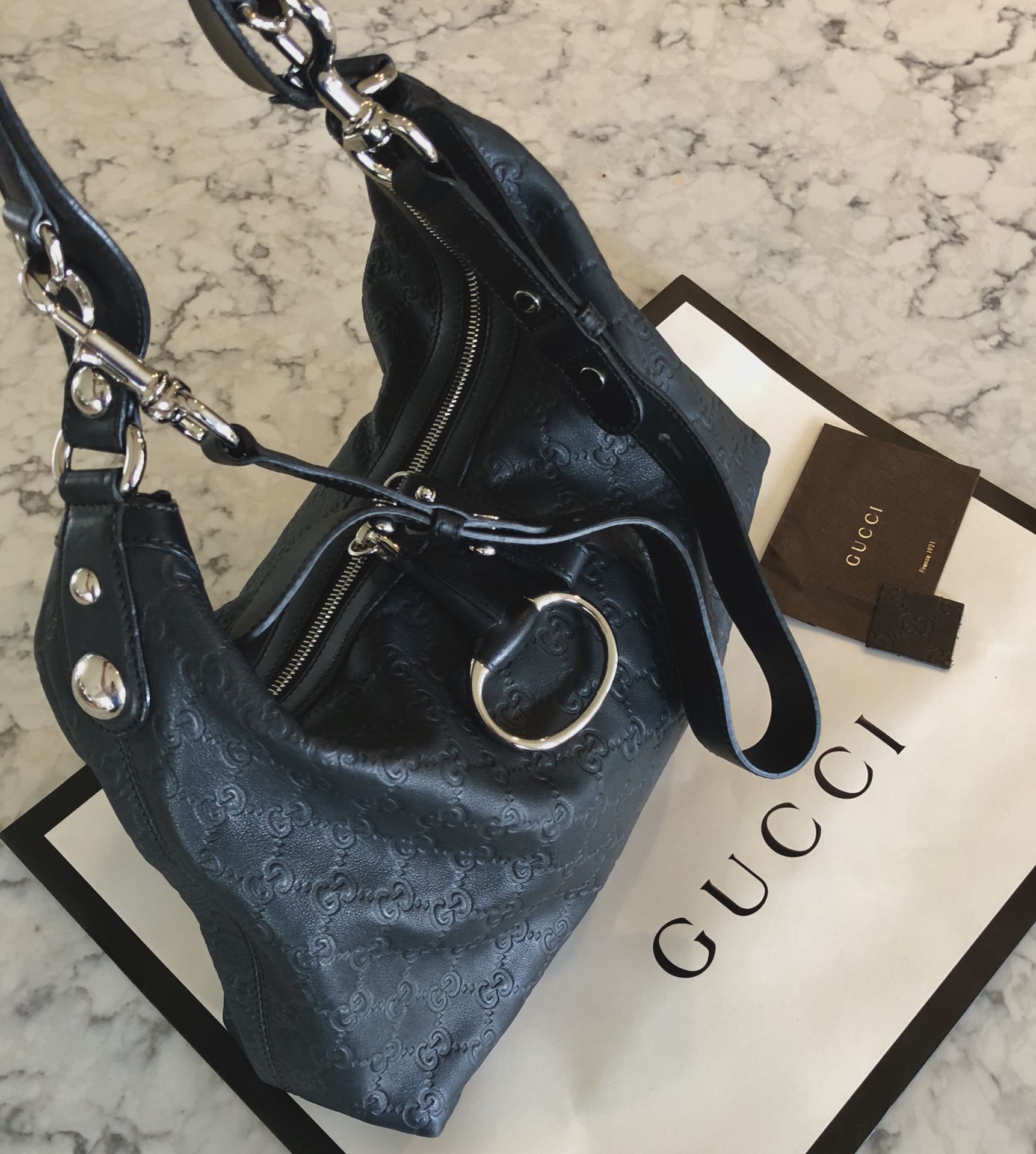 AUTHENTIC Gucci HOBO Handbag black leather logo print