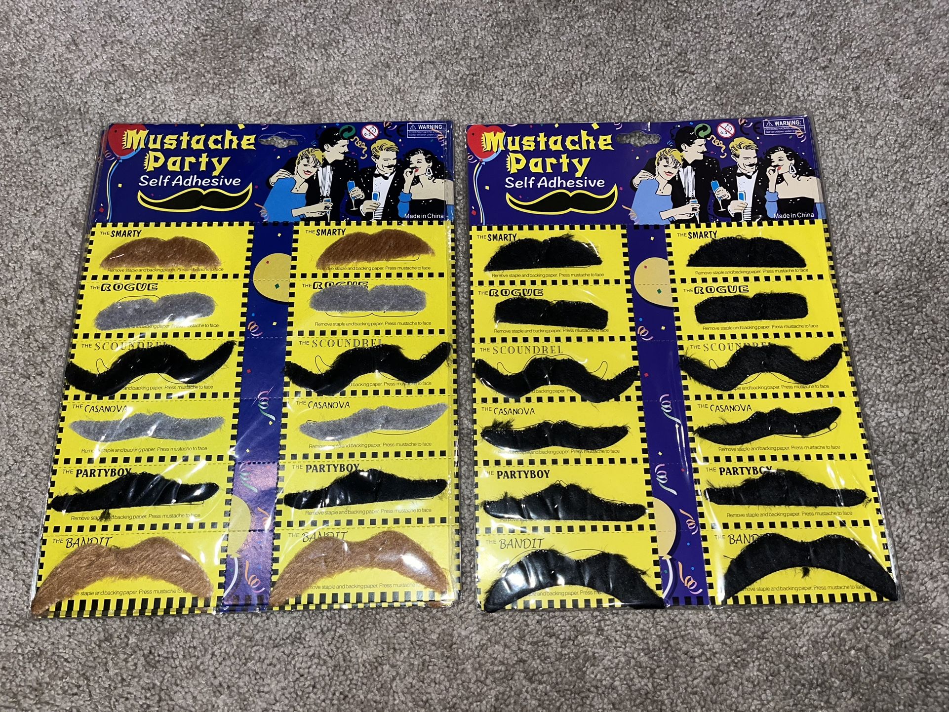 COSTUME MUSTACHES - NEW SELF ADHESIVE BLACK AND SILVER/GRAY