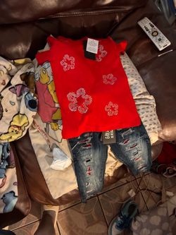 Boys denim tears Red Rhinestone Top and Distressed Jeans Set