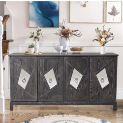 59.84'' Modern 4-Door Sideboard Storage Cabinet with Mirrored Decorative Doors and Solid Wood Legs Wood Veneer Cabinet for Living Room Kitchen Entrywa