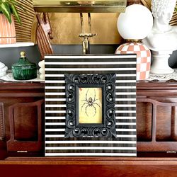 Gothic Black & White Striped Spider Postcard Art Framed Wall Art Ornate 14x16”
