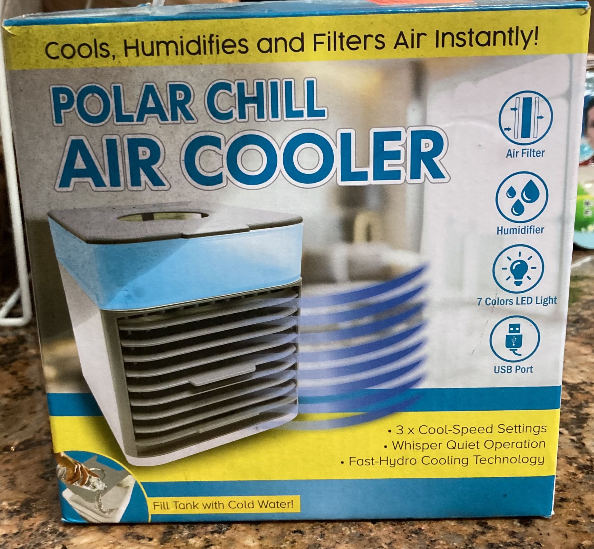 Desk Top Polar Chill Air Cooler 3 Speed Built In Humidifier 7 Colors LED Light