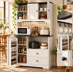 Kitchen Pantry Storage Cabinet,Freestanding Buffet Cabinet with Wine Glass Holder and 2 drawers