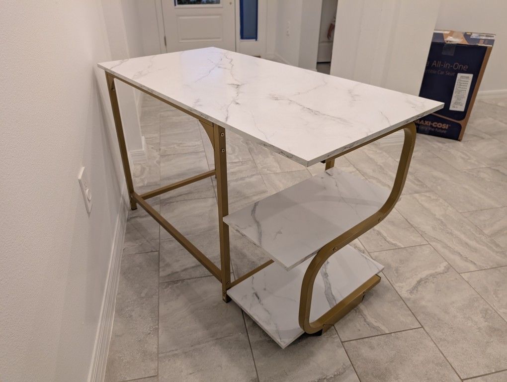 Office Desk White Faux Marble And Gold Base
