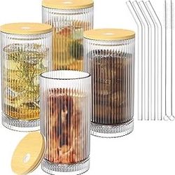 16 OZ Glass Cups with Lids and Straws, Vintage Ribbed Coffee Cups Drinking Glasses