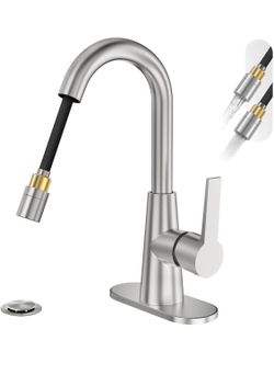 Tall Bathroom Faucets with Pull Down Sprayer, Brushed Nickel High Arc Single Handle Pull Out Faucet, 1 or 3 Hole Utility Sink Laundry Bar Faucet Pull 