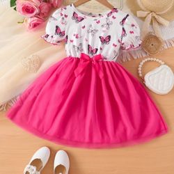Chic Summer Butterfly Print Mesh Dress for Girls with Bow Detail
