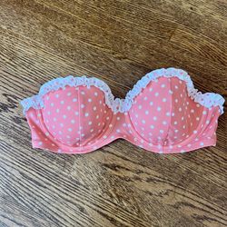 Victoria’s Secret Coral w/ white Polka Dot Ruffle Bikini top strapless 36C NWOT