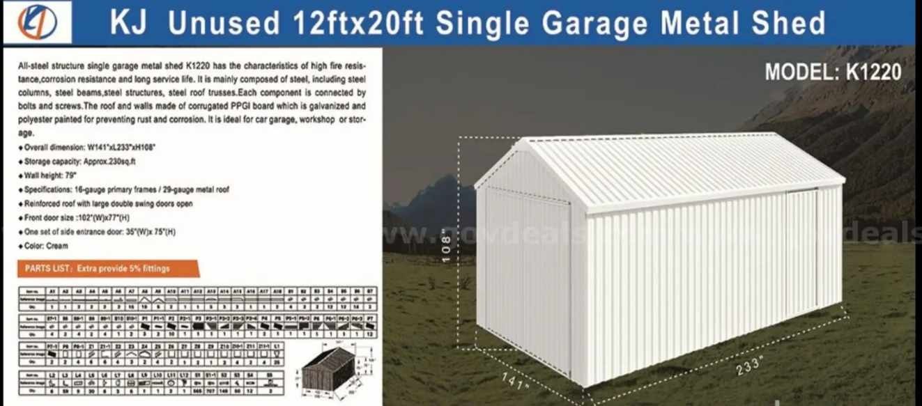 KJ 12' x 20' Metal Garage Building. NEW!