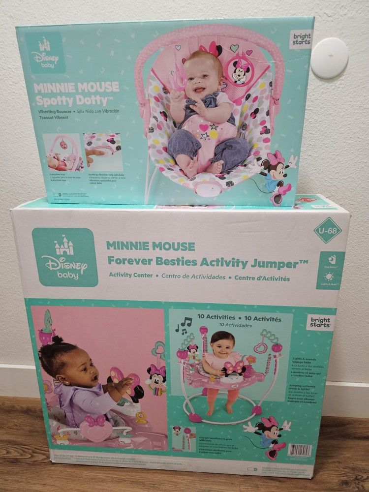New Disney Minnie Mouse Baby Girl Vibrating Bouncer & Activity Jumper