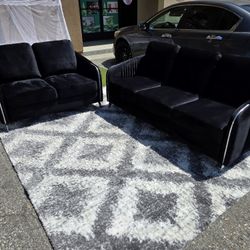 Brand NEW 2 PCS Sofa & Love Seat Black Velvet Chrome Legs $479
