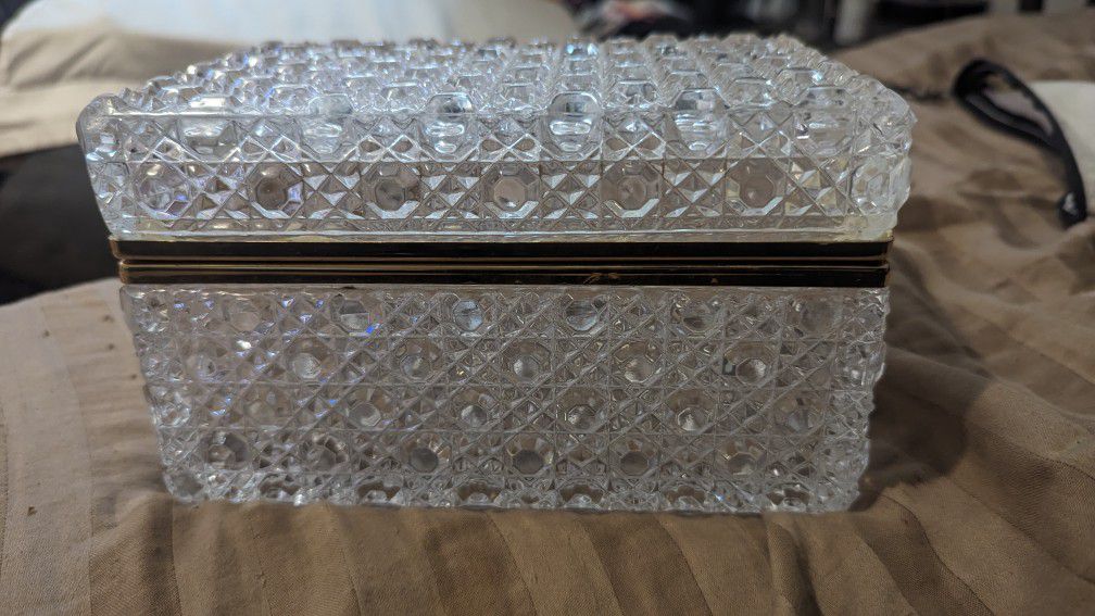 Vintage 1940s French Cut Crystal Baccarat Style Coffin Dresser Jewelry Box. 