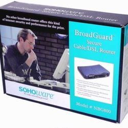 Brand New Sealed SOHOware BroadGuard Secure Cable/DSL Router, Model # NBG800. Vintage 2001. The image shows the box for a SOHOware BroadGuard Secure C