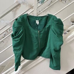 Monki Green Puff Sleeve Zipped Top Jacket like Poor Things style, Size M