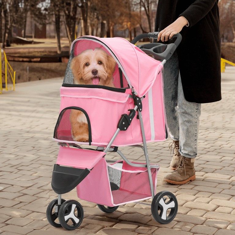 Pet Dog Stroller with Wheels, Foldable Cat Dog Stroller with Storage Basket and Cup Holder for Small and Medium Cats, Dogs, Puppy