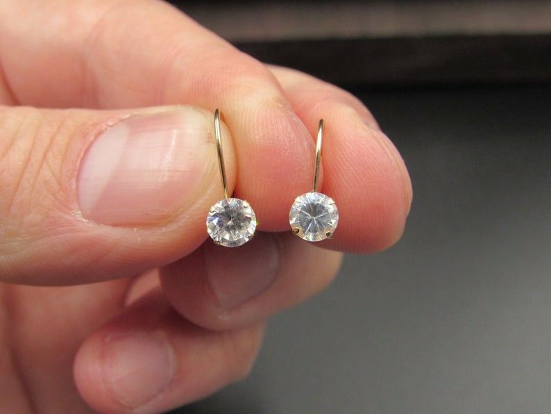 10K Yellow Gold Solitaire Cubic Zirconia Diamond Earrings Vintage Estate Wedding Engagement Anniversary Gift Idea Beautiful Elegant Unique