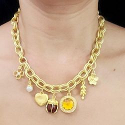 18k gold retro floral flower heart bug charm women's ladies pendant necklace Gift