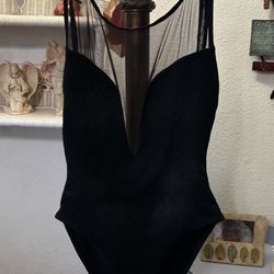 Vintage Anne Klein  Black mesh plunge sleeveless bodysuit sexy one piece