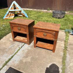 Vintage Campaign Style Oak Nightstands / End Tables with Brass Hardware – Set of 2