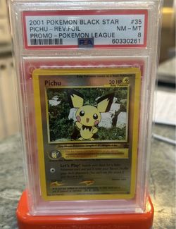 2001 POKEMON PROMO BLACK STAR POKEMON LEAGUE #35 PICHU-REVERSE FOIL PSA 8