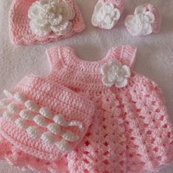 Crochet Baby Girl Pink And White Heirloom Dress Set Photo Prop 