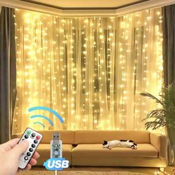 Eueasy 300 LED Curtain Lights, 9.8ft x 9.8ft Fairy Lights with 8 Modes, String Hanging Lights, Remote Control, Perfect for Indoor/Outdoor Christmas, W