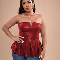 Elegant Red Strapless Faux Snake Skin Peplum Top 2XL