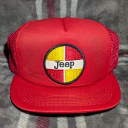 Vtg Jeep Wrangler Patch Cap Script Logo Mesh Snap Back Trucker Hat