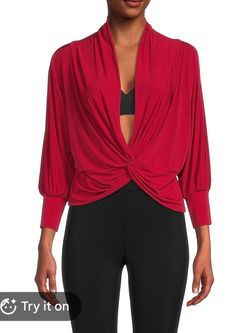 Renee C. Red Twist Front Plunge V-Neck Blouse Long Sleeve NWT Large