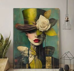 Woman with White Rose Top Hat Vintage Floral Wall Art🌺Like New🌺Please Read Description