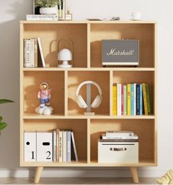 7 Cube Bookshelf, 3 Tier Mid-Century Modern Bookcase with Legs, Wooden Bookshelf Storage Organizer Display Bookcase for Bedroom,