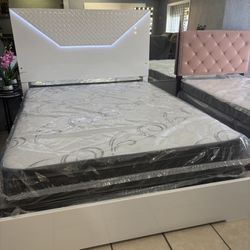 White Bed Built-in LED Light On Headboard Incl. Mattress+Box