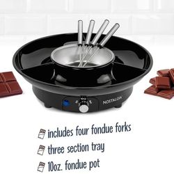 Nostalgia 10 Oz Electric Fondue Pot Set for Cheese & Chocolate - 4 Dipping Forks, 3-Section Food Tray - Kitchen Gadgets and Appliances for H'ors Deouv