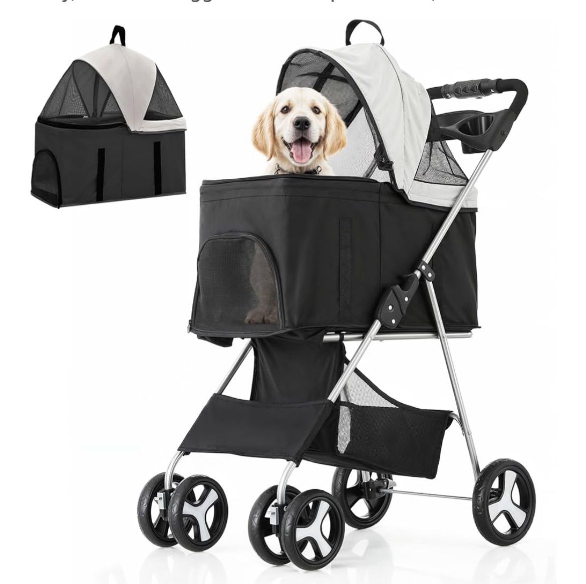 MoNiBloom 3 in 1 Foldable Pet Stroller for Small & Medium Dogs, Detachable Carrier, Car Seat, Push Button Entry, 4-Wheel Jogger for Pets up to 33 lbs,
