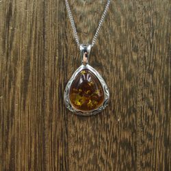 18" Sterling Silver Unique Symbols Amber Necklace Vintage