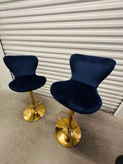 Set of 2 Navy Blue Velvet Bar Stools – Gold Bases