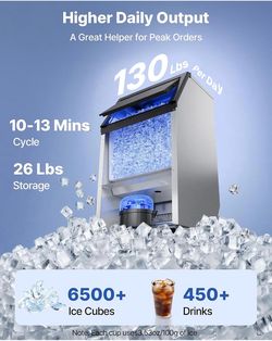 Large Commercial Ice Maker Machine 130 LBS/24H, 36 Cubes in 10 Mins Stainless Steel Ice Maker with 26 Lbs Storage Bin, Self-Cleaning, 23H Timer for Of