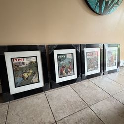Rare antique 4 pack of framed Saturday evening post magazine covers from 1940’s and 1950’s