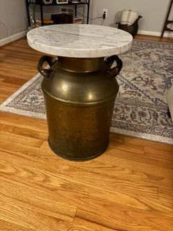Vintage Brass Milk Can End Table with Genuine Marble Top | Modern Farmhouse | One-of-a-Kind