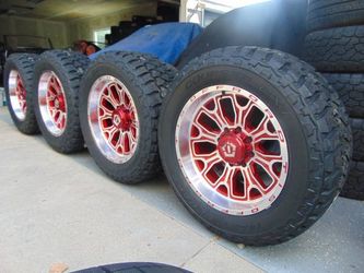 4 New 20X10 TIS Gloss Red & Machined Rims &  LT 305 55 20 Mastercraft 12ply Tires 8X6.5- 19MM Offset
