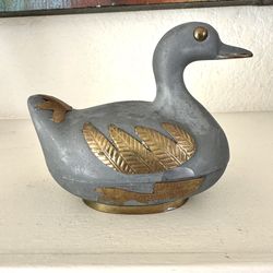 Vintage Pewter Brass Duck Trinket Box 