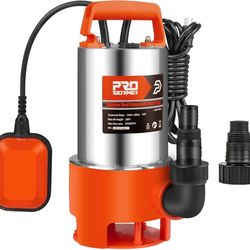 1346b Sump Pump, 1HP 3700GPH Submersible Clean/Dirty Stainless Steel Water Pump with Float Switch for Fresh Water, Mains Water, and Pool Water Orange