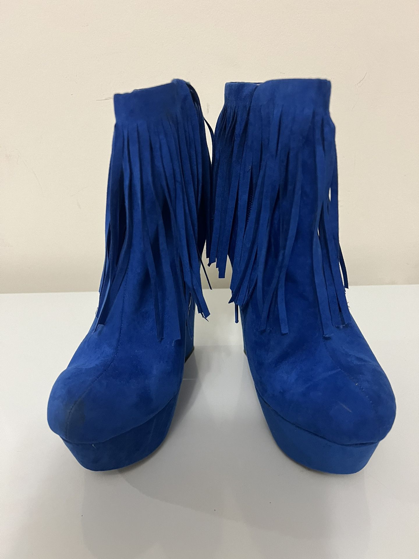 Blue Suede Fringe Leather Tassels Ankle Cowboy Boots Women FRH Fashion Design size 8