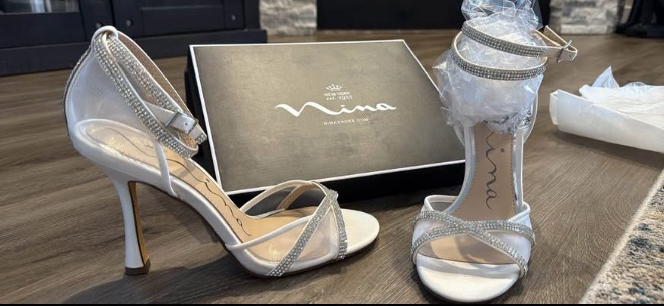 Brand New Size 7.5 White And Silver Nina Heels