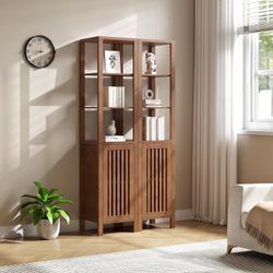 1563b Set of 2 Rustic Farmhouse Bookshelf, 6-Tier Storage Cabinet with Adjustable Shelves, Brown Bookcase Organizer for Home Office, Living Room & Be
